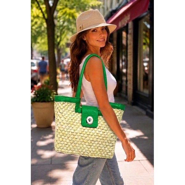 Straw Satchel: Corn Husk w/ Leather-like Trim & Handles - Green -BG-B10015A-GN